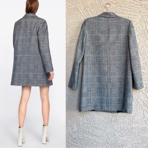 ZARA Gray & Blue Checkered Plaid Houndstooth Double Breasted Soft Faux Wool Coat - Picture 4 of 11